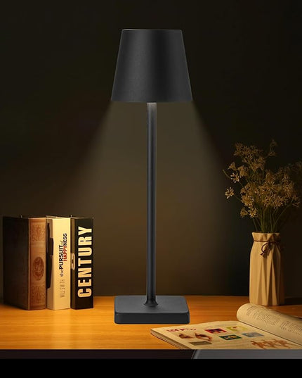 1 Pack Black Cordless Table Lamp, LED Rechargeable Desk Lamp, 5200mAh Battery Operated Table Light, Aluminum Shell, 3 Color Stepless Dimming Up Waterproof for Restaurant/Indoor/Outdoor (Black) - LeafyLoom