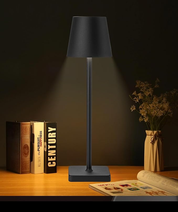 1 Pack Black Cordless Table Lamp, LED Rechargeable Desk Lamp, 5200mAh Battery Operated Table Light, Aluminum Shell, 3 Color Stepless Dimming Up Waterproof for Restaurant/Indoor/Outdoor (Black) - LeafyLoom