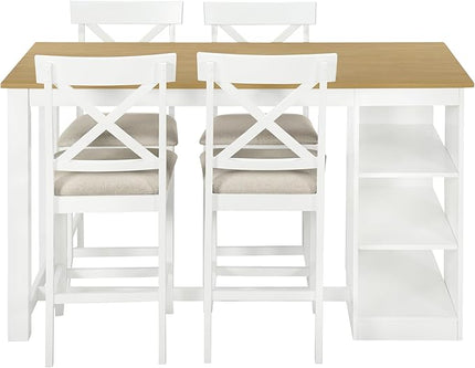 NicBex Dining Table for 4 Small Kitchen Table Set for 4 Solid Wood Farmhouse Counter Height Dining Table Set with 3-Tier Storage Shelves, Upholstered Dining Chairs for 4, Natural+White - LeafyLoom