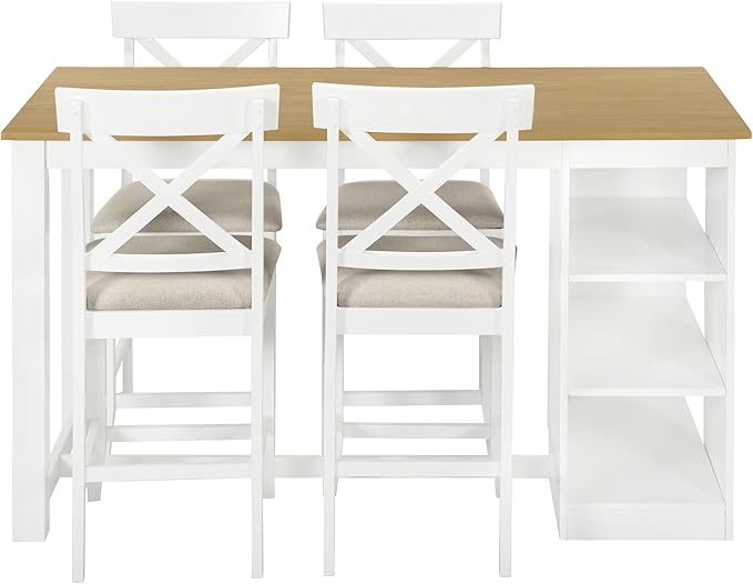 NicBex Dining Table for 4 Small Kitchen Table Set for 4 Solid Wood Farmhouse Counter Height Dining Table Set with 3-Tier Storage Shelves, Upholstered Dining Chairs for 4, Natural+White - LeafyLoom