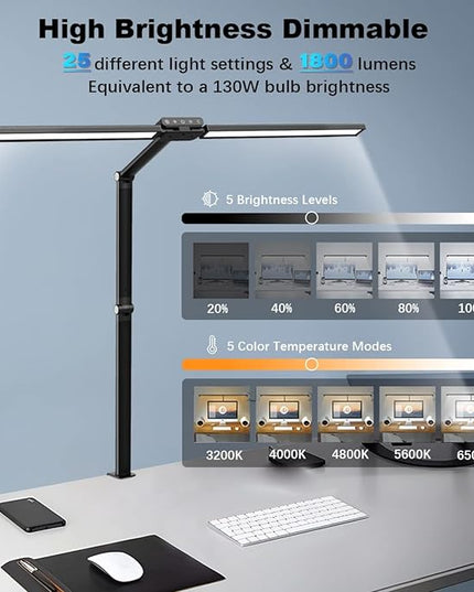 LED Desk Lamp for Home Office with Clamp - Eye Caring Architect 24W Double Head Monitor Light Bar, Super Wide & Bright, Dimmable & 5 Color Modes, Clip Table Lamp for Computer Screen, Work - LeafyLoom