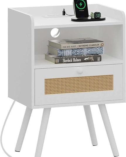 SUPERJARE Nightstand with Charging Station & Rattan-Like Decor Drawer, Rattan End Table with Solid Wood Feet, Bed Side Table with Open Storage, for Bedroom, Living Room, Dormitory - White - LeafyLoom
