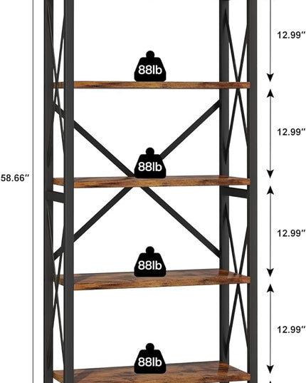 5-Tier Bookshelf,Wood Bookcase,Book Shelf with Steel Frame, Storage Rack with Open Shelves, Rustic Standing Bookshelves Ladder Shelf 110lbs/shelf for Bedroom,Living Room and Home Office - LeafyLoom