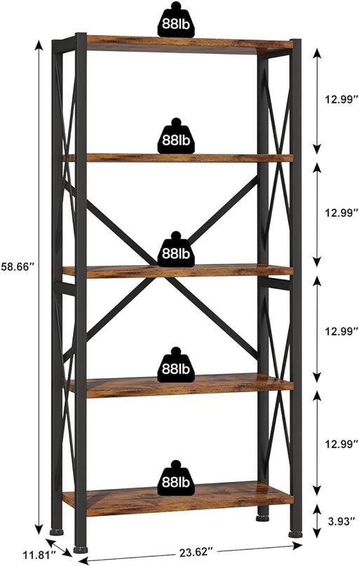 5-Tier Bookshelf,Wood Bookcase,Book Shelf with Steel Frame, Storage Rack with Open Shelves, Rustic Standing Bookshelves Ladder Shelf 110lbs/shelf for Bedroom,Living Room and Home Office - LeafyLoom