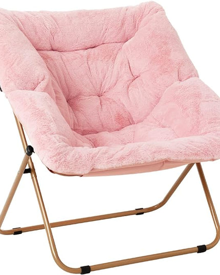 Tiita Comfy Saucer Chair, Soft Faux Fur Oversized Folding Accent Chair, Lounge Lazy Chair for Kids Teens Adults, Metal Frame Moon Chair for Bedroom, Living Room, Dorm Rooms, X-Large Pink - LeafyLoom