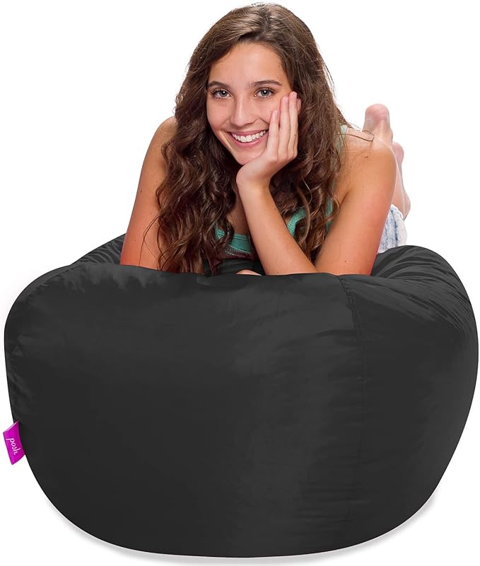 Posh Creations Structured Comfy Seat for Playrooms and Bedrooms, Large Bean Bag Chair, 100in Round Classic Bean Bag, Black - LeafyLoom