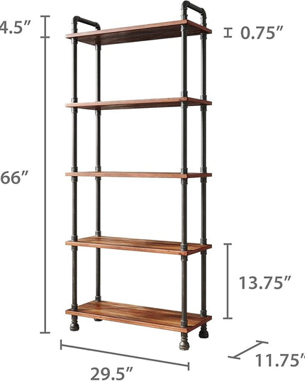 Barnyard Designs Rustic Industrial Bookshelf - Real Pine Wood with Sturdy Metal Frame - Tier Bookcase for Displaying Decor - No Tools Required Assembly (5-Shelf) - LeafyLoom