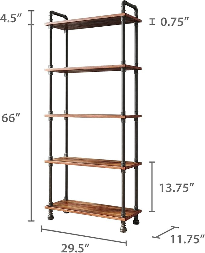 Barnyard Designs Rustic Industrial Bookshelf - Real Pine Wood with Sturdy Metal Frame - Tier Bookcase for Displaying Decor - No Tools Required Assembly (5-Shelf) - LeafyLoom