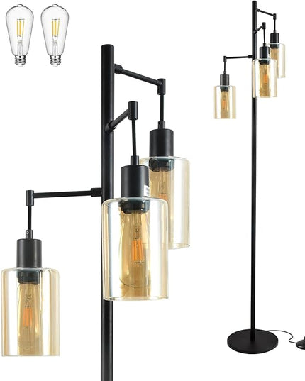 Farmhouse Floor Lamp for Living Room Bedroom, 3-Lights Floor Lamp with On/Off Foot Switch, Tall Pole Tree Standing Lamp Oil Rubbed Bronze with Amber Glass Shade, LED 3 Bulbs Included - LeafyLoom