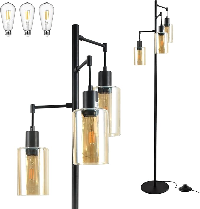 Farmhouse Floor Lamp for Living Room Bedroom, 3-Lights Floor Lamp with On/Off Foot Switch, Tall Pole Tree Standing Lamp Oil Rubbed Bronze with Amber Glass Shade, LED 3 Bulbs Included - LeafyLoom