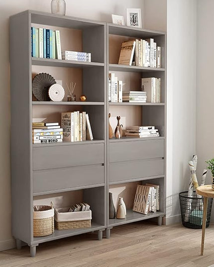 IOTXY Floorstanding Wooden Bookcase with Legs - 67" Tall Open Shelves Cube Billy Bookshelf with Drawers for Home and Office, Grey - LeafyLoom