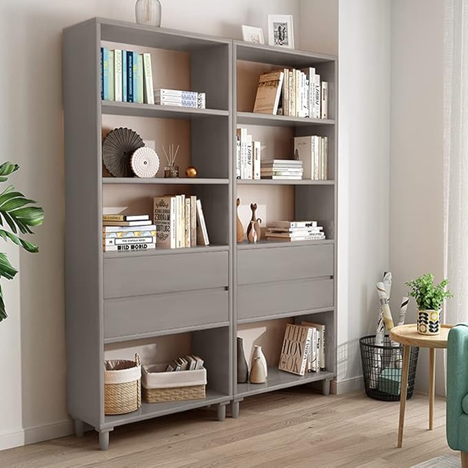 IOTXY Floorstanding Wooden Bookcase with Legs - 67" Tall Open Shelves Cube Billy Bookshelf with Drawers for Home and Office, Grey - LeafyLoom