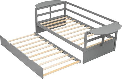 Merax Classic Wood Daybed with Trundle Twin/Twin Sofa Bed with Two Foldable Shelves for Bedroom Living Room,No Box Spring Needed,Space Saving Gray - LeafyLoom
