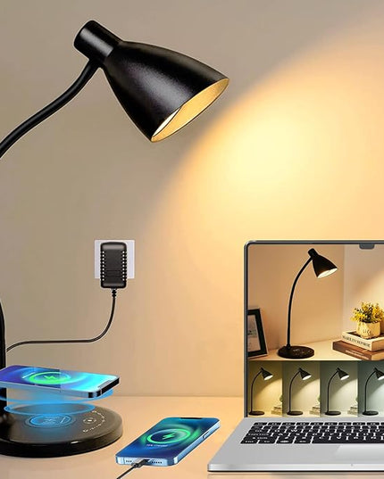 KAiSnova LED Desk Lamp with Wireless Charger, Desk Lamp with USB Charging Port, 5 Colors 7 Brightness Levels Desk Light for Home Office, Eye-Caring Touch Table Lamp for Bedside College Dorm Bedroom - LeafyLoom