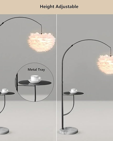 White Feather Floor Lamp with Table, Great Floor Light Height Adjustable (Black) - LeafyLoom