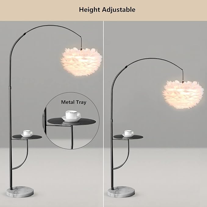 White Feather Floor Lamp with Table, Great Floor Light Height Adjustable (Black) - LeafyLoom