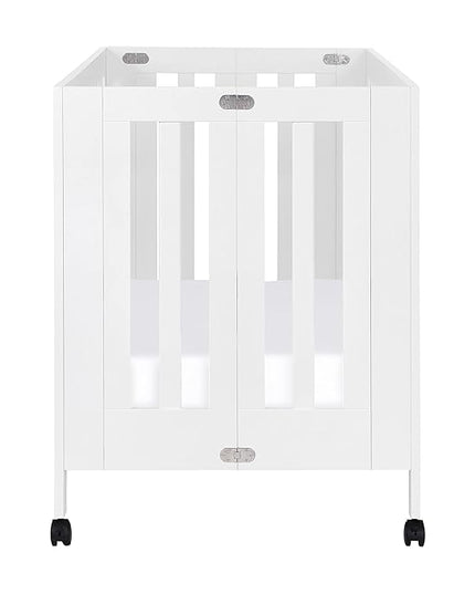Babyletto Maki Full-Size 2-in-1 Portable Folding Crib with Toddler Bed Conversion Kit in White, Greenguard Gold Certified - LeafyLoom