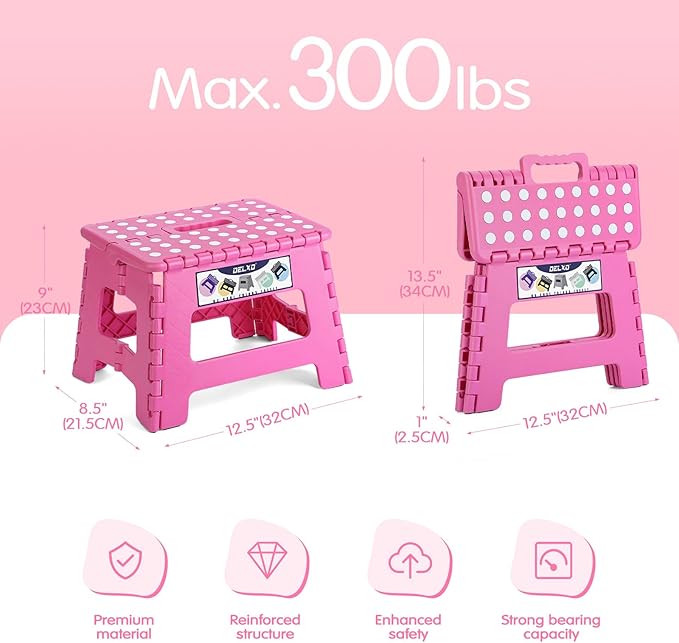 Delxo 9” Folding Step Stool in Pink,1 Pack Premium Heavy Duty Foldable Stool for Kids,Portable Collapsible Plastic Step Stool,Non Slip Folding Stools for Kitchen Bathroom Bedroom - LeafyLoom