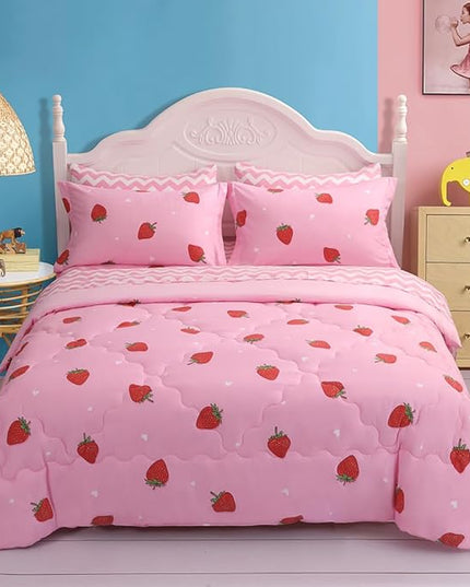 Strawberry Comforter Bedding Set Twin Size for Girls 7 Piece Pink Kawaii Comforter Set Bed in A Bag for Kids Teens All Season (1 Comforter,1 Flat Sheet,1 Fitted Sheet and 4 Pillow Sham) - LeafyLoom
