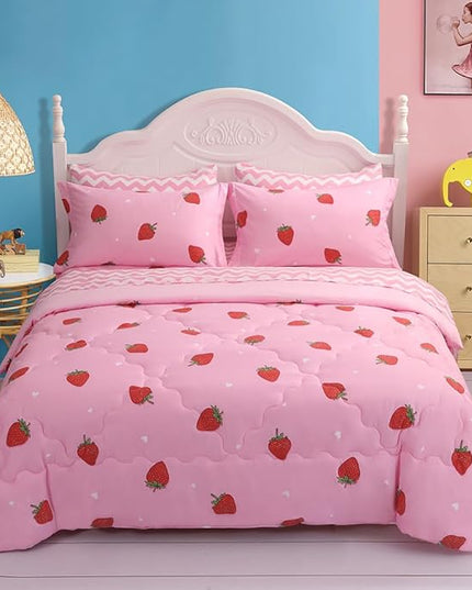 Girls Strawberry Comforter Set Queen Size - 7 Piece Bed in A Bag Bedding Set for Kids Teens - All Season (1 Comforter,1 Flat Sheet,1 Fitted Sheet and 4 Pillow Sham) Pink - LeafyLoom