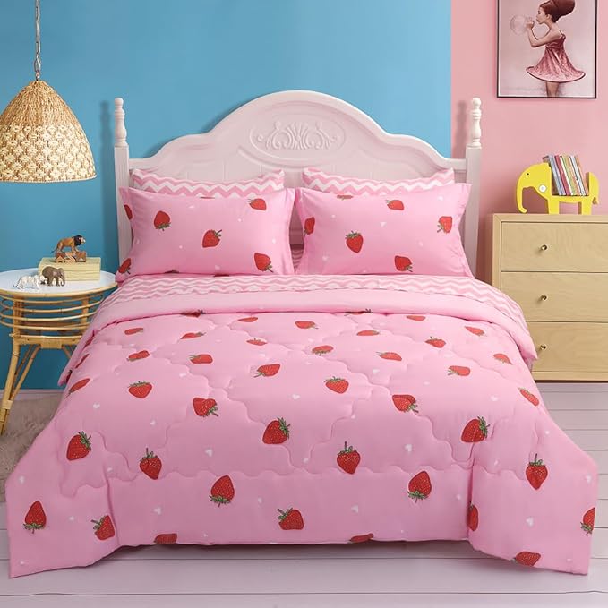 Girls Strawberry Comforter Set Queen Size - 7 Piece Bed in A Bag Bedding Set for Kids Teens - All Season (1 Comforter,1 Flat Sheet,1 Fitted Sheet and 4 Pillow Sham) Pink - LeafyLoom