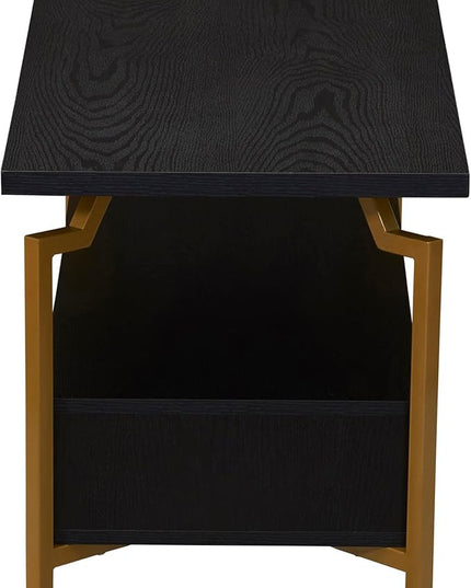 Household Essentials Crown TV Stand with Rectangular Storage Compartment Black Oak Wood Grain and Gold Metal - LeafyLoom