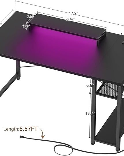 armocity 47 Gaming Computer Desk with LED Lights, Power Outlet and USB, Reversible Laptop Table with Moveable Monitor Stand for Small Spaces, Office, Gaming Room, Black - LeafyLoom