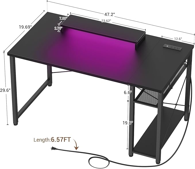 armocity 47 Gaming Computer Desk with LED Lights, Power Outlet and USB, Reversible Laptop Table with Moveable Monitor Stand for Small Spaces, Office, Gaming Room, Black - LeafyLoom