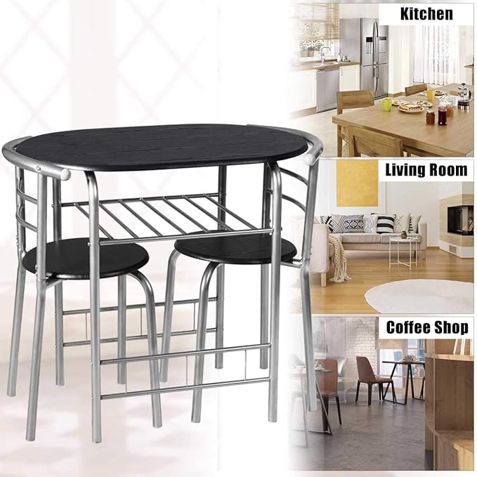 FANTASK 3 Pieces Dining Set, Breakfast Table Set w/Metal Frame and Storage Shelf, Compact Table and 2 Chairs Set for Home Bistro Pub Apartment Kitchen Dining Room Cafe - LeafyLoom