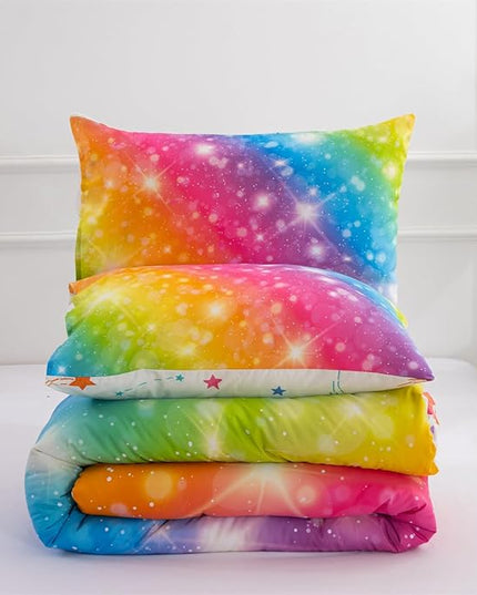 Holawakaka Girls Ombre Glitter Comforter Set, Twin Size Gradient Rainbow Galaxy Print Kids Bedding Sets, Multi-Color Ultra-Soft Dorm Bed Set (Multi-color,Twin) - LeafyLoom