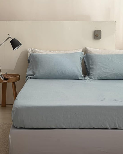 Simple&Opulence 100% Linen Sheet Set Solid Color-4 Pcs Washed French Linen Bed Sheets(1 Flat Sheet,1 Fitted Sheet,2 Pillowcases)-Breathable Bedding Set (Dusty Blue, Queen) - LeafyLoom