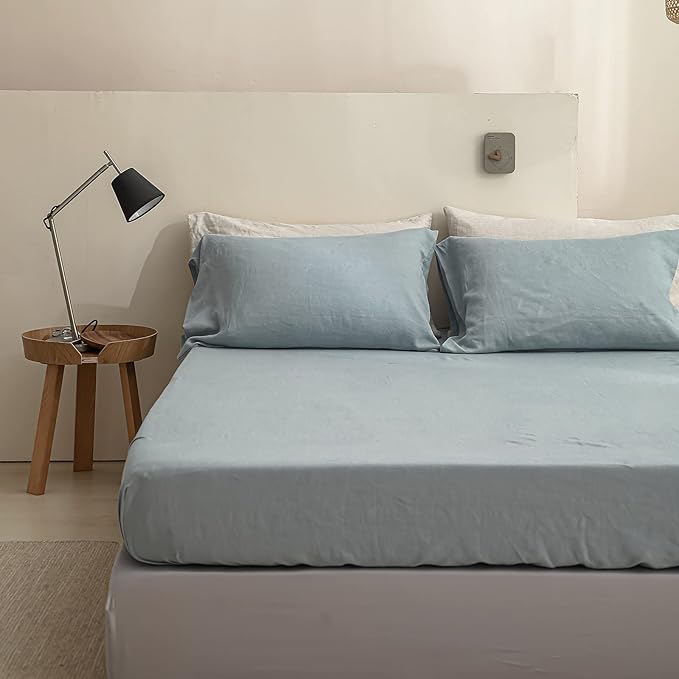 Simple&Opulence 100% Linen Sheet Set Solid Color-4 Pcs Washed French Linen Bed Sheets(1 Flat Sheet,1 Fitted Sheet,2 Pillowcases)-Breathable Bedding Set (Dusty Blue, Queen) - LeafyLoom