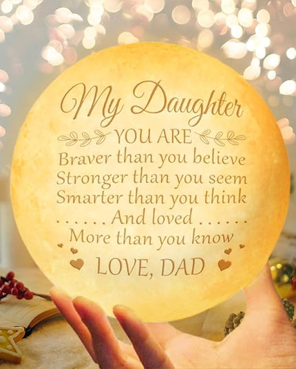 Mothers Day Gifts For Daughter From Dad, Daughter Gifts From Dad, Father Daughter Gifts For Women, Birthday Decorations Indoor, Anniversary Valentines Gifts For Her, Engraved Moon Lamp Night Light - LeafyLoom