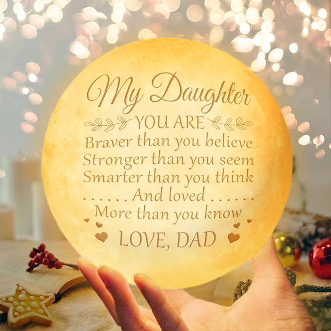 Mothers Day Gifts For Daughter From Dad, Daughter Gifts From Dad, Father Daughter Gifts For Women, Birthday Decorations Indoor, Anniversary Valentines Gifts For Her, Engraved Moon Lamp Night Light - LeafyLoom