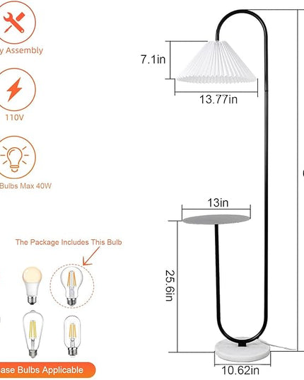 Modern Elegant with Tray Floor Lamp for Office Cafe Den Living Room Bedroom, Foot Switch and Black Paint, White Pleated Cloth Lampshade - LeafyLoom