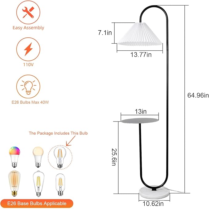 Modern Elegant with Tray Floor Lamp for Office Cafe Den Living Room Bedroom, Foot Switch and Black Paint, White Pleated Cloth Lampshade - LeafyLoom