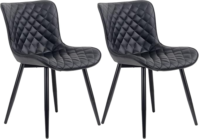 YOUTASTE Black Dining Chairs Set of 2 Mid Century Modern PU Leather Diamond Upholstered Accent Guest Dinner Chair with Back Metal Legs for Kitchen Living Reception Waiting Room - LeafyLoom