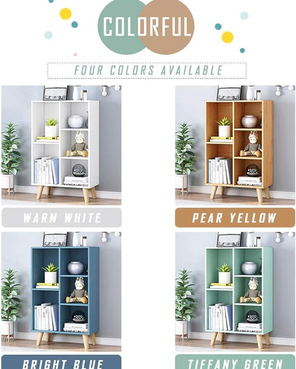 IOTXY Wooden Open Shelf Bookcase - 3-Tier Floor Standing Display Cabinet Rack with Legs, 5 Cubes Bookshelf, Warm White - LeafyLoom
