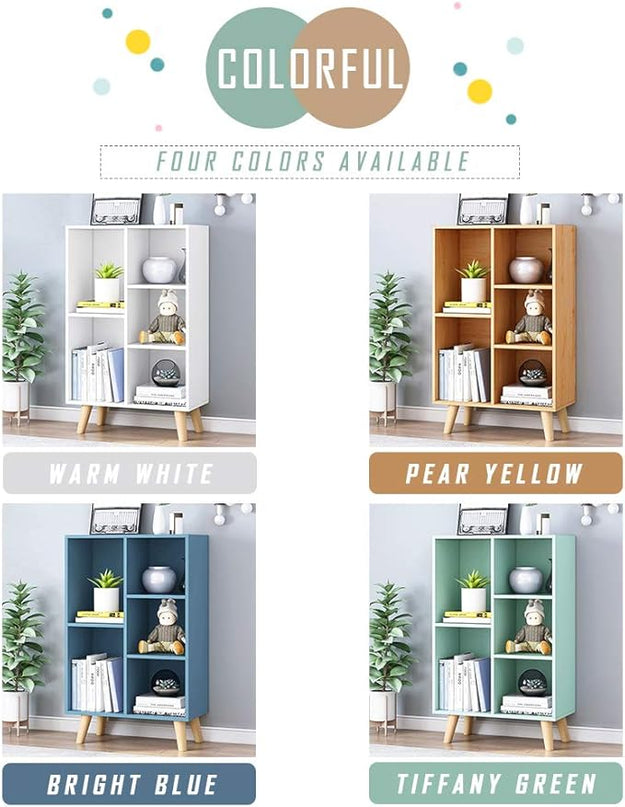 IOTXY Wooden Open Shelf Bookcase - 3-Tier Floor Standing Display Cabinet Rack with Legs, 5 Cubes Bookshelf, Pear Yellow - LeafyLoom
