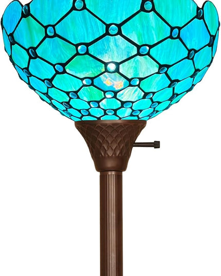 Capulina Tiffany Torchiere Floor Lamp 69 Inches Tall Industrial Pole Seagrass Blue Beads Style Stained Glass Standing Light for Home Office Living Room Bedroom - LeafyLoom