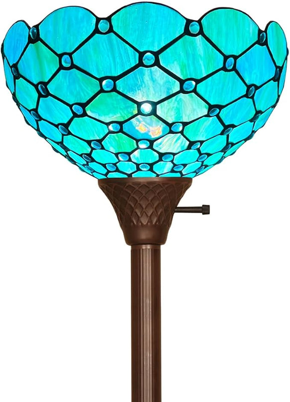 Capulina Tiffany Torchiere Floor Lamp 69 Inches Tall Industrial Pole Seagrass Blue Beads Style Stained Glass Standing Light for Home Office Living Room Bedroom - LeafyLoom