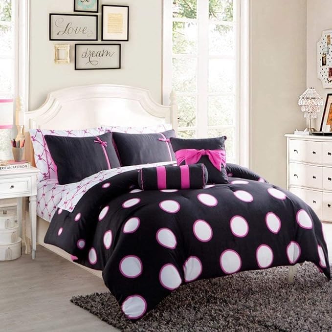 VCNY Home - Full Bed in a Bag, 10-Piece Bedding Set with Matching Sheets & Bedskirt, Ideal for All Seasons, Cozy Chic Home Decor (Sophie Black/Pink, Full) - LeafyLoom