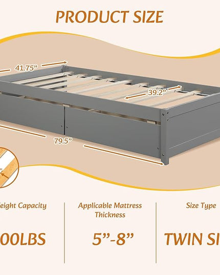 Twin Bed with 2 Storage Drawers, Solid Pinewood Twin Size Bed Frame,for Boys/Girls/Teens Bedroom, Easy to Assemble, No Box Spring Needed,Grey - LeafyLoom