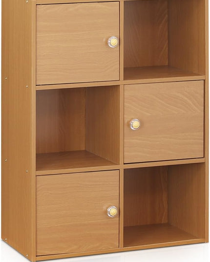 Furinno Pasir 3-Tier Shelf with 3 Door/Round Handle, Light Cherry - LeafyLoom