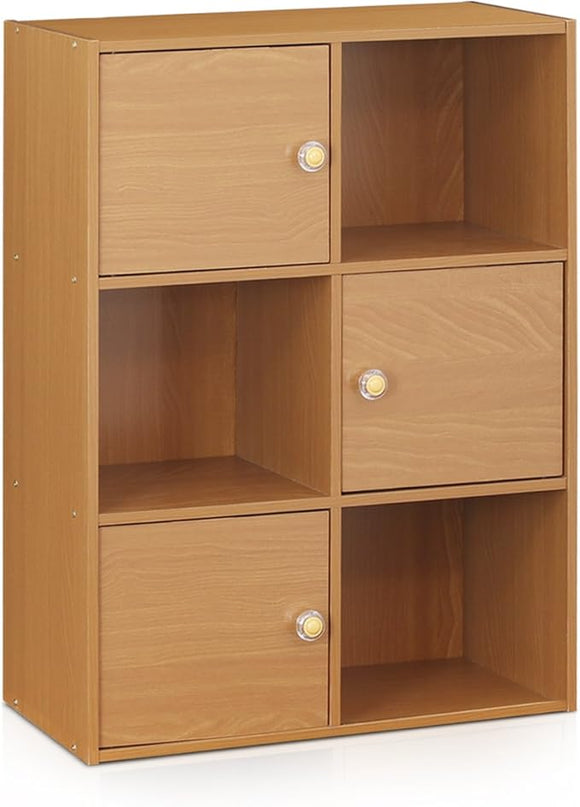 Furinno Pasir 3-Tier Shelf with 3 Door/Round Handle, Light Cherry - LeafyLoom