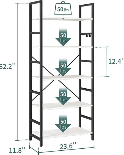 Yoobure 5 Tier Bookshelf - Tall Book Shelf Modern Bookcase for CDs/Movies/Books, Rustic Book Case Industrial Bookshelves Book Storage Organizer for Bedroom Home Office Living Room White - LeafyLoom