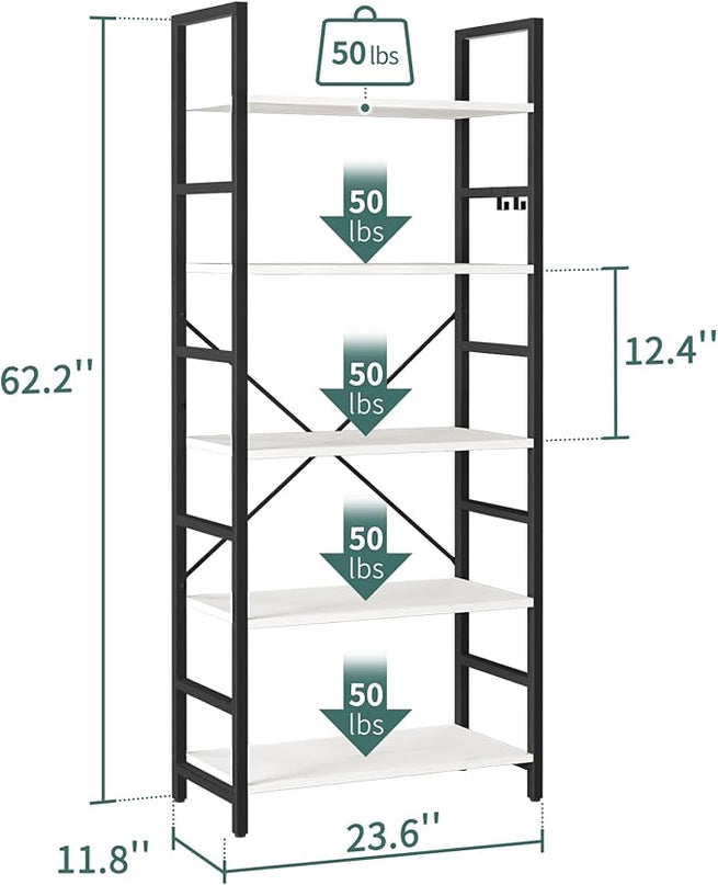 Yoobure 5 Tier Bookshelf - Tall Book Shelf Modern Bookcase for CDs/Movies/Books, Rustic Book Case Industrial Bookshelves Book Storage Organizer for Bedroom Home Office Living Room White - LeafyLoom