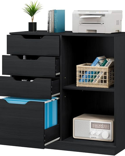4 Drawers Lateral File Cabinet, Wood Filing Cabinet, Printer Stand with Open Storage Shelves for Home Office, 6 Compartments, Black - LeafyLoom