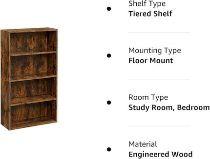 VASAGLE Bookshelf, 23.6 Inches Wide, 4-Tier Open Bookcase with Adjustable Storage Shelves, Floor Standing Unit, Rustic Brown ULBC164X01 - LeafyLoom