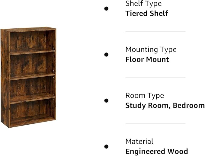 VASAGLE Bookshelf, 23.6 Inches Wide, 4-Tier Open Bookcase with Adjustable Storage Shelves, Floor Standing Unit, Rustic Brown ULBC164X01 - LeafyLoom